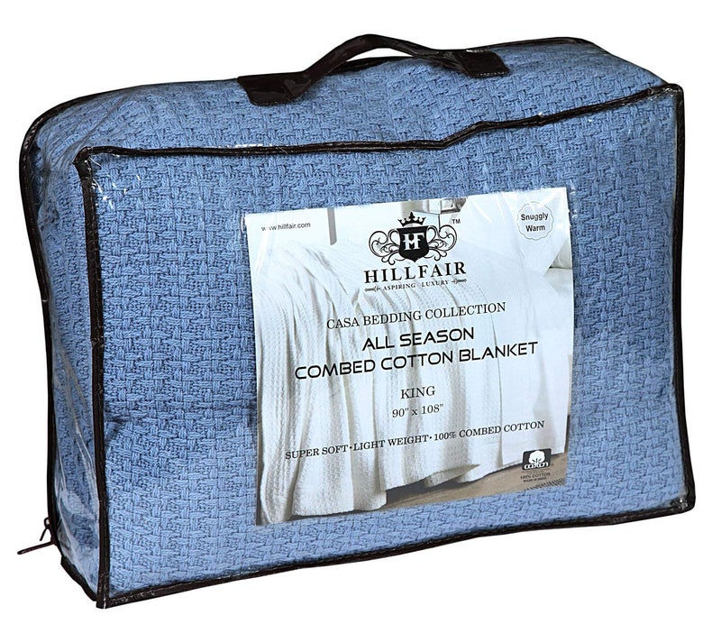 HILLFAIR 100% Combed Cotton Blanketâ€“ California King Size Bed Blanket â€“ Warm Soft All Season Breathable Blankets â€“ 102 x 108 inch Extra Large Oversized California King Cotton Blankets for Bed- Blue - Image 2